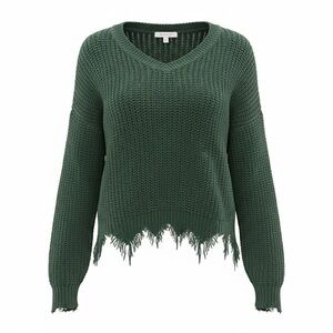No Boundaries Forest Green V-Neck Cropped Jagged Bottom Chenille Sweater Jr XXL